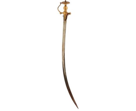 A 19TH CENTURY INDIAN TULWAR OR SWORD, 82.75cm sharply curved damascus blade, characteristic hilt profusely decorated with sc