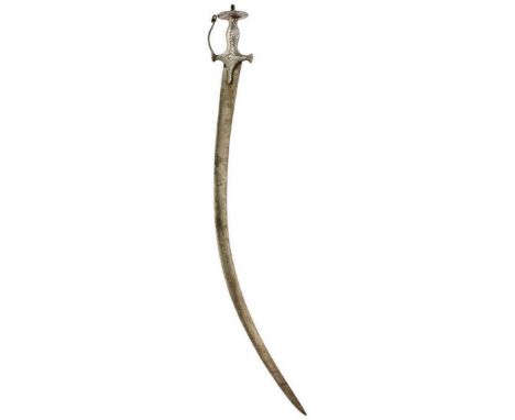 A 19TH CENTURY INDIAN TULWAR, 77.5cm sharply curved blade, characteristic steel hilt decorated with a vine and flowerheads wi