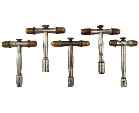 FIVE VARIOUS T-BAR COMBINATION NIPPLE TOOLS, all with brass caps and integral prickers. (5)