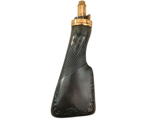 A REFINISHED DIXON &amp; SONS GUN STOCK POWDER FLASK, the scroll embossed and chequered body with registration stamp, the bra