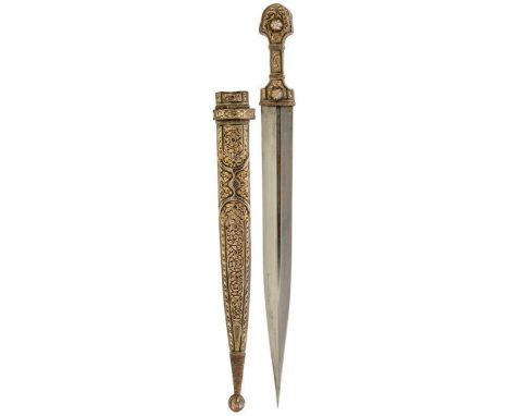 A FINE QUALITY 19TH CENTURY CAUCASIAN OR DAGESTANI KINDJAL AND BELT, 34cm blade with offset fullers and etched signature, cha