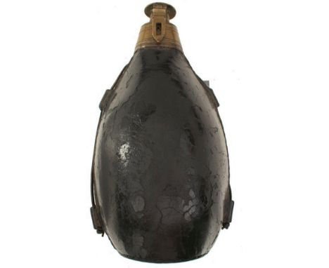 A LATE 18TH OR EARLY 19TH CENTURY KEEPER'S POWDER FLASK, characteristic stitched pressed leather body stamped with the number