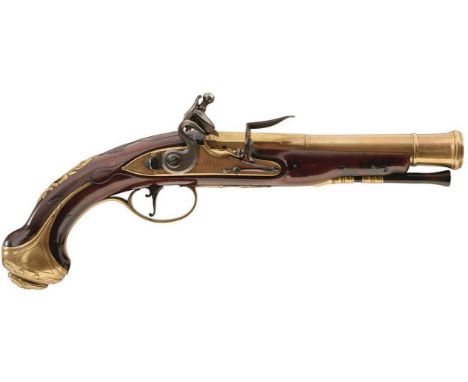 A CRISP PAIR OF 6-BORE FLINTLOCK BRASS BARRELLED COACHING OR BLUNDERBUSS PISTOLS BY HEYLIN, 7inch three-stage cannon barrels 