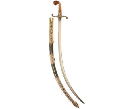 A  FINE QUALITY 19TH CENTURY TURKISH OR OTTOMAN SHAMSHIR, 82.5cm sharply curved fine damascus blade signed and inlaid with th