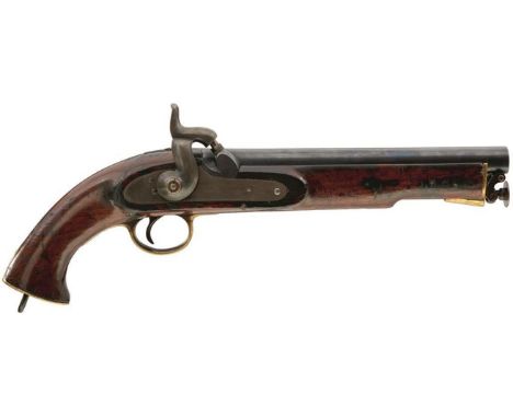 A .650 CALIBRE EAST INDIA COMPANY GUZERAT IRREGULAR HORSE PERCUSSION SERVICE PISTOL, 9inch blacked barrel engraved GRINDLAY &