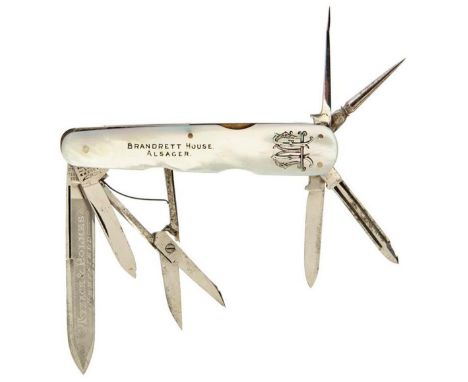 A FINE QUALITY MOTHER-O'-PEARL MOUNTED POCKET KNIFE, 8cm principal blade etched TYZACK &amp; HOLMES SHEFFIELD and stamped WM.