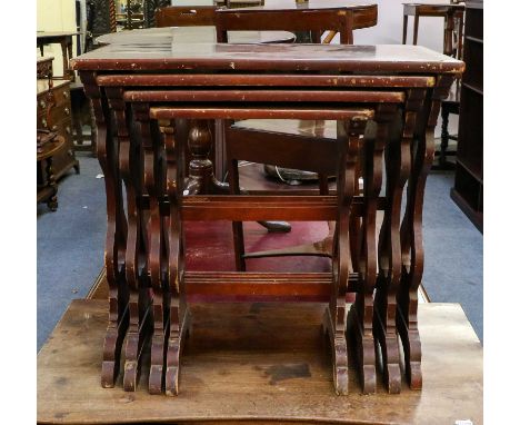 A George III mahogany side table, a set of early 20th century Japanese red lacquer quartetto nesting tables, a nest of reprod
