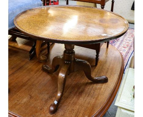 A blue upholstered cabriole legged footstool, a Georgian circular dish topped tripod table, a Georgian mahogany baby bath, a 