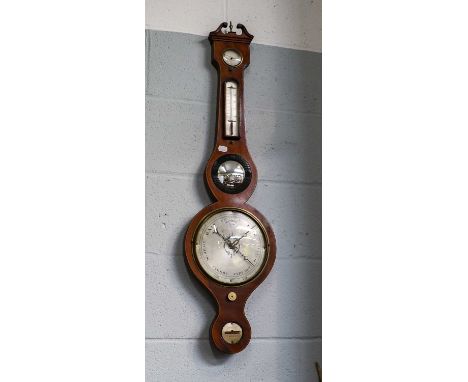 A banjo barometer, a walnut wall clock, a spinning chair, and a pair of gilt framed pictures
