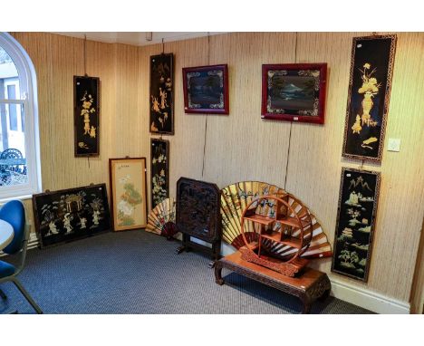 A quantity of decorative Oriental furnishings, to include: a pair of 20th century Japanese oil and heavy relief landscape pai