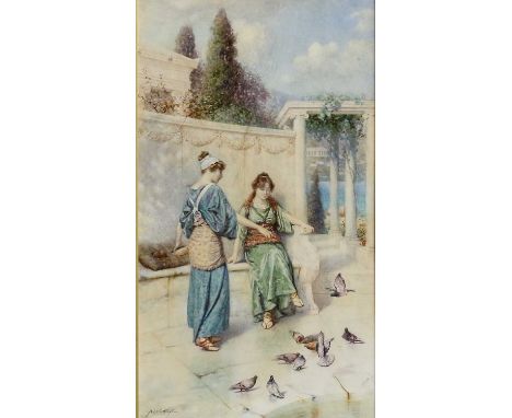 A.C. Weatherstone (19th/20th century)Feeding the pigeonsSigned, watercolour, 61cm by 33.5cm, in a decorative Regency style gi