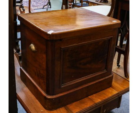 A Victorian balloon back nursing chair, a work table of similar date, a wooden bound trunk, and a commode