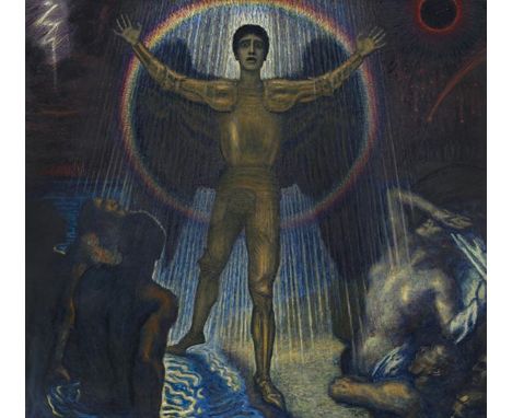 Franz von Stuck     1863 Tettenweis - 1928 München Der Engel des Gerichts. Um 1922. Öl auf Holz.  Unten rechts der Mitte sign