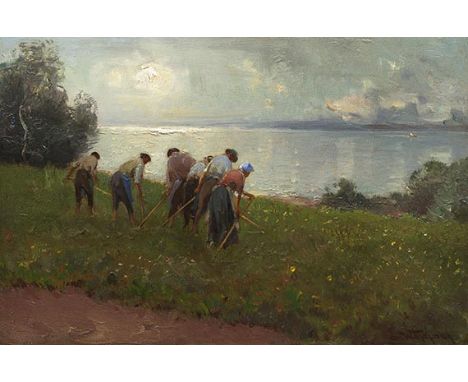 Joseph Wopfner     1843 Schwaz/Tirol - 1927 München Mäher am See. Um 1905. Öl auf Leinwand, kaschiert auf Karton.  Rechts unt