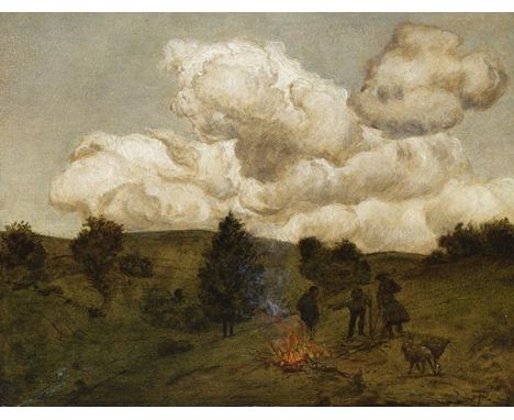 Hans Thoma     1839 Bernau - 1924 Karlsruhe Herbstfeuer. Um 1880. Öl über Tusche auf Karton.  Rechts unten monogrammiert. Ver