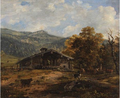 Johann Georg von Dillis     1759 Gmain - 1841 München Sonniger Herbsttag auf der Alm. Um 1830. Öl auf Papier.  Verso mit dem 