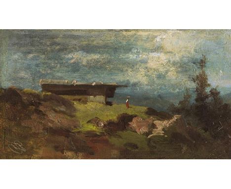 Carl Spitzweg     1808 München - 1885 München Bäuerin vor einer Almhütte. Um 1870. Öl auf Zigarrenkistenholz.  Links unten mi