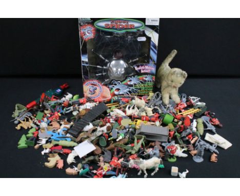 Quantity of toys to include Steiff style straw filled cat with green eyes, boxed Cyber Spider and quantity of various plastic