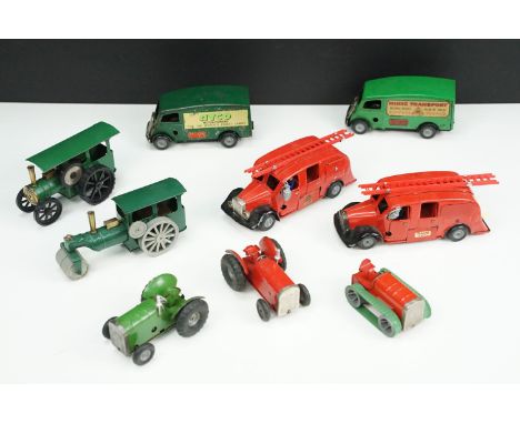 Nine Triang Minic clockwork tin plate models to include 2 x 62M Fire Engines with fire ladders, 103M Shutter Van in green wit