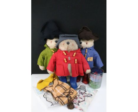 Three Gabrielle Designs Paddington bears to include 1 x Paddington with green jacket, yellow hat and wellington boots, 1 x Pa