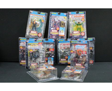 11 Carded / boxed Toybiz Marvel Legends figures to include Captain Marvel, Psylocke, First Appearance Iron Man, Spider Woman,
