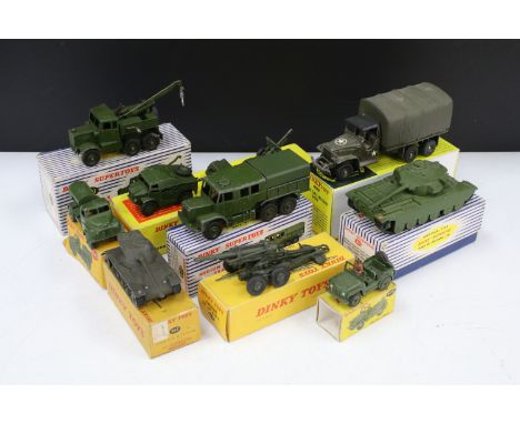 Nine boxed Dinky military diecast models to include 697 25 Pounder Field Gun Set, 689 Medium Artillery Tractor, 809 Camion GM