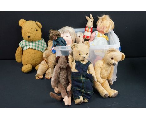 Collection of various dolls and teddies to include original Pedigree Sindy doll (Marked 033050X to the neck), celluloid P.M.I