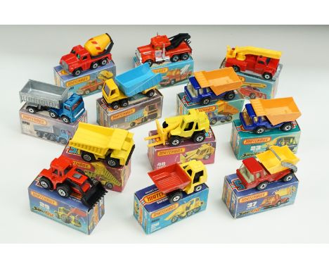 12 Boxed Matchbox 75 Series / Superfast diecast models to include 37 Skip Truck, 23 Atlas, 29 Tractor Shovel, 50 Articulated 