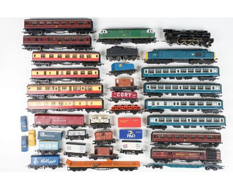 26 Hornby &amp; Triang OO gauge items of rolling stock featuring coaches, Royal Mail LMS coach, tankers, wagons, car transpor