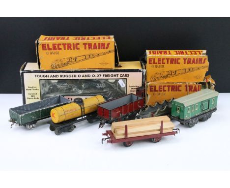10 O Gauge items of rolling stock to include boxed Rail King New York Central Semi Scale Tank Car, 3 x boxed Sakai Electric T