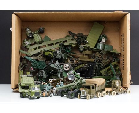 Around 55 military related diecast models to include examples from Astra, Dinky and Britains featuring Astra Round Base Searc