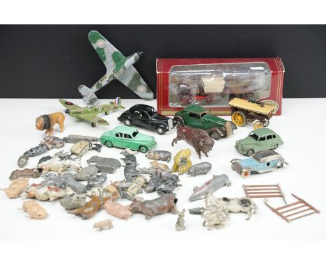 Quantity of diecast and metal figures to include small collection of playworn Britains animals including farm and zoo example