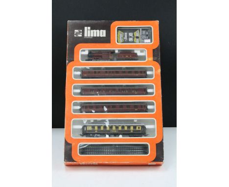 Boxed Lima HO gauge 7604 train set, complete with 4683 0-6-0 LMS locomotive, 3 x LMS coaches, Louisa Pullman coach, track and
