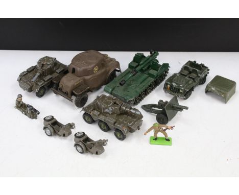 Eight Mid 20th C play worn military diecast models to include Triang Minic, Crescent and Britains plus 2 x figures featuring 