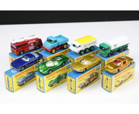 Eight boxed Matchbox Superfast &amp; 75 Series diecast models to include 49 Unimog, 45 Ford Group 6, 33 Lamborghini Miura P40