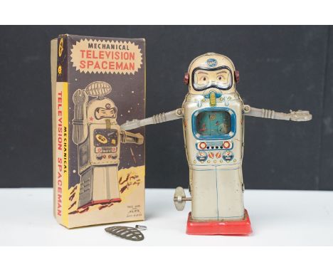 Boxed Alps (Japanese) Mechanical Television Spaceman tinplate wind-up model, marked Made In Japan to back of model, with orig