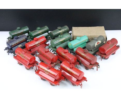 15 Hornby O gauge tankers to include 8 x Shell, 3 x Pratts, 1 x Castrol, 1 x Manchester Oil Refinery, 1 X Mobiloil and 1 x Re