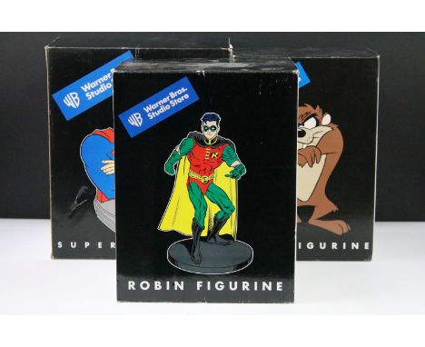 Three boxed Warner Bros figures featuring Superman Bust, Robin Figure &amp; Taz Figure boxes showing storage wear, figures gr