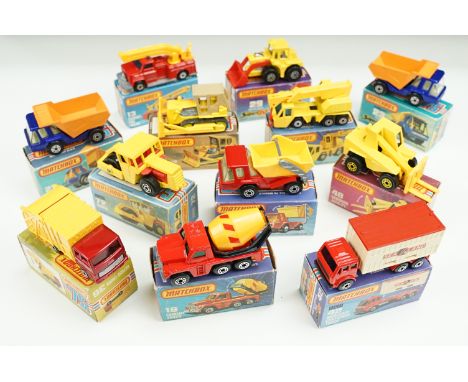 12 Boxed Matchbox 75 Series / Superfast diecast models to include 19 Cement Truck, 23 Atlas Truck, 72 Bomag, 48 Sambrom Jackl