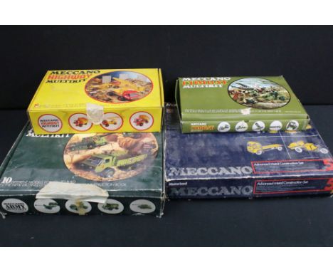 Four boxed Meccano sets to include Meccano Army Multikit, Meccano Highway Multikit, Meccano Combat Multikit and Meccano Advan