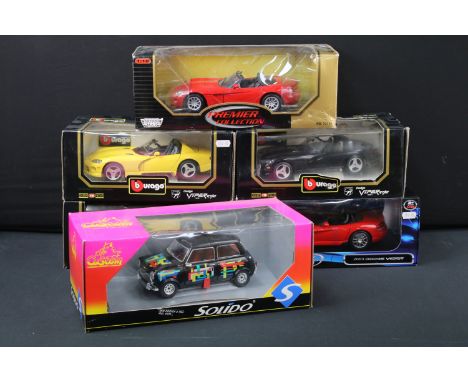 Six boxed 1/18 scale diecast models to include Solido 8305 Mini Cooper S 1964, 3 x Burago Diamonds Dodge Vipers (3025 &amp; 2