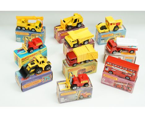 10 Boxed Matchbox 75 Series / Superfast diecast models to include 36 Refuse Truck, 2 x 15 Fork Lift Truck, 17 The Londoner, 7