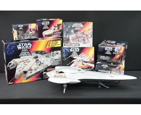 Star Wars - Eight boxed Kenner Star Wars vehicles Landspeeder, Speeder Bike, 2 x Snowspeeder, Millennium Falcon, AT-ST &amp; 