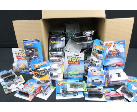 Around 89 carded Mattel Hot Wheels diecast models to include Disney Toy Story, Superman Hero Cycles, Batman Flag Series Monst