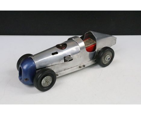 Mid 20th C kit built aluminium bodied glow engine tether car, body marked made in England and tyres marked HMC, gd condition,