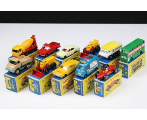 11 Boxed Matchbox Series diecast models to include 20 Taxi-Cab, 71 Jeep Pick Up 47 Lord Neilson Ice Cream Shop, 73 Ferrari Ra