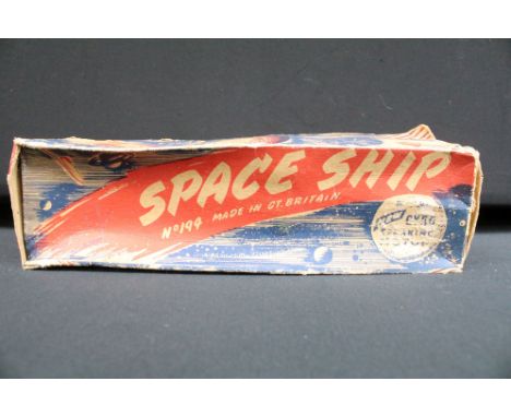 Boxed Wells Brimtoy friction powered tin plate Space Ship With Gyro Sparking Motor, Model No. 194, model in vg condition with