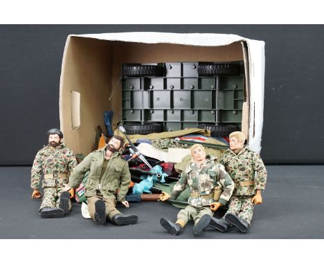 Four original Palitoy Action Man figures (3 x flock hair elastic hands &amp; 1 x Flock hair hard hands) with boots, clothing,