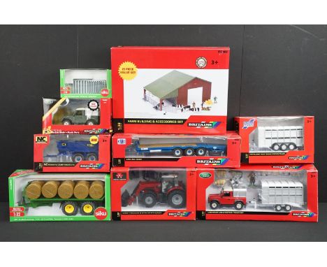 Nine boxed farming models and accessories to include 7 x Britains featuring 43082A1 Massey Ferguson 6616 Tractor with Loader,