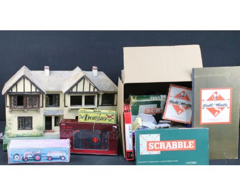 Quantity of various toys and games to include Triang dolls house, Monopoly, boxed Schylling Tractor And Trailer, boxed 1/48 I